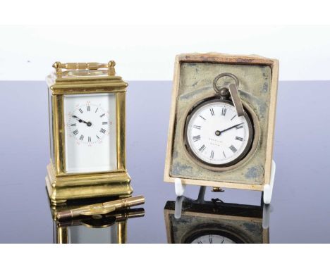 Two collectable items, including a silver pocket pedometer and a small French brass carriage clock, appears to run, with key