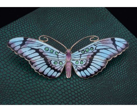 A continental white metal and enamel butterfly brooch, by JA &amp; Sons, 8.1cm x 3cm, 18gSmall chip to the right hand side of