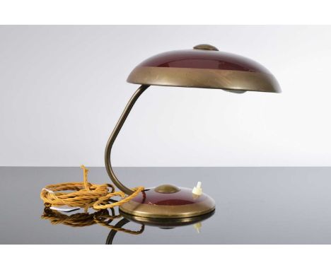 A vintage Bauhaus adjustable desk lamp by Helo Leuchten, in Burgundy and brass, shade 24cm diameter, some scratches