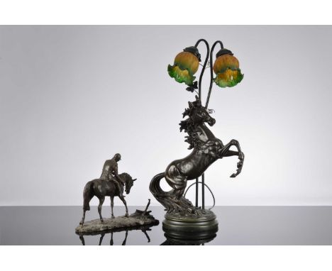 Two second half 20th century horse related items, one a tall bronzed lamp base with Marley horse and twin branch light fittin