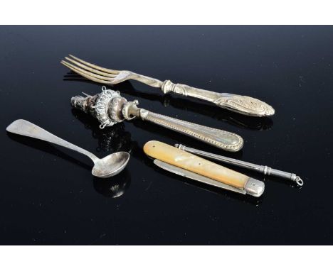 Six Victorian and later small silver items, including a damaged baby's rattle with whistle, a silver and mop folding pocket f