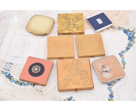 Vintage Continental square gilt metal compacts, including enamelled diagonal striped 7cm, floral decorated Marquis 7cm, etche