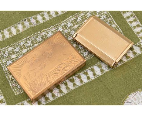 Two Melissa musical compacts, Two Melissa musical compacts, both gilt metal engine turned of rectangular form, largest with b