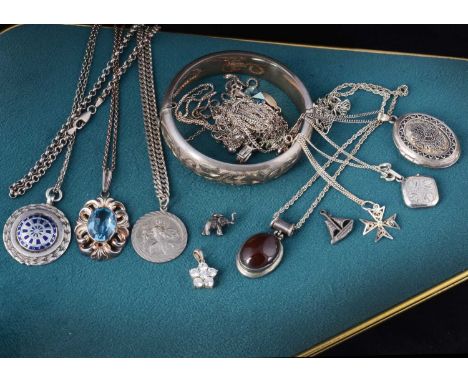 A collection of silver jewellery, including a St Christopher pendant and necklace, 28cm, a dartboard medallion and chain, 24.