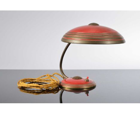 A vintage Bauhaus adjustable desk lamp by Helo Leuchten, in red and brass, shade 24cm diameter, some damages and paint restor