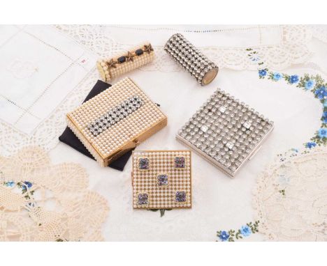 Wiesner of Miami 1950s compacts, all decorated with simulation pearls or colourless stones including rectangular example, 7.5