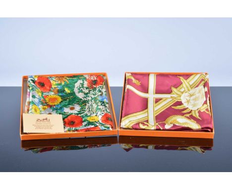 A Hermes and a Gucci silk scarves, the square Hermes scarf marked Caraibes, 88cm, with Hermes box, and the Gucci example with