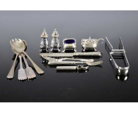 A small collection of silver and silver plated items,  including a silver mustard and pepper, a silver Christening fork, a la