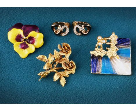 A pair of Christian Dior double knot enamel and paste ear studs, a pansey enamel gilt metal brooch and other items