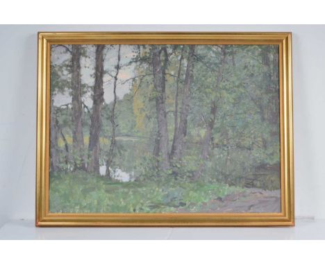 Alfred Bergstrom (1869-1930), oil on canvas, Woodland Lake Scene, 52cm by 72cm, in gilt frame