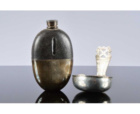An 18th century continental toddy style ladle bowl, together with a Victorian hipflask, the ladle bowl with strike marks and 