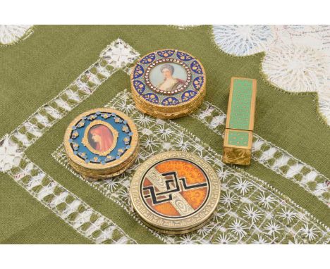 Continental circular gilt metal compacts, circular seated female portrait central panel surrounded by turquoise and cobalt bl
