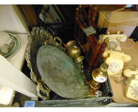 Four silver plated trays, ice bucket, table lamp etc. inc. a middle eastern table base and a circular copper dish early of un