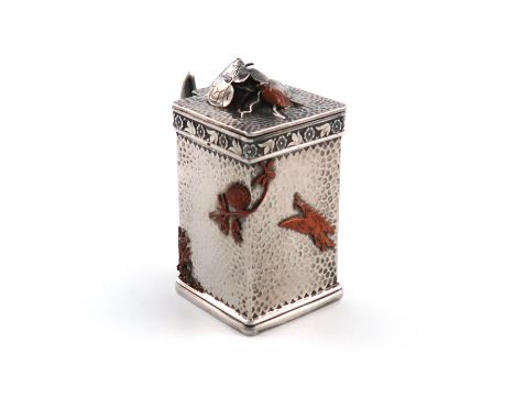 An American silver and mixed metals mustard pot, by Gorham and Co., 1880, upright rectangular form, spot-hammered decoration,