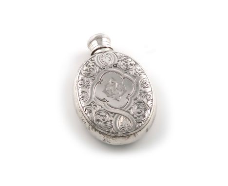 A Victorian silver spirit flask, by George Unite, Birmingham 1870, oval form, engraved foliate scroll decoration, screw-off c