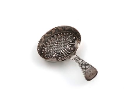 A George III silver caddy spoon, by Cocks and Bettridge, Birmingham 1809, frying pan form, the bowl with pierced trellis deco