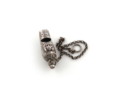 A George III silver whistle, no apparent maker's mark, London 1803, tapering form, engraved foliate decoration and mounted wi