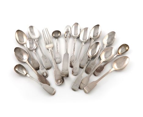 A small collection of silver Fiddle pattern flatware, various dates and makers, including: a York teaspoon, by Barber, Cattle