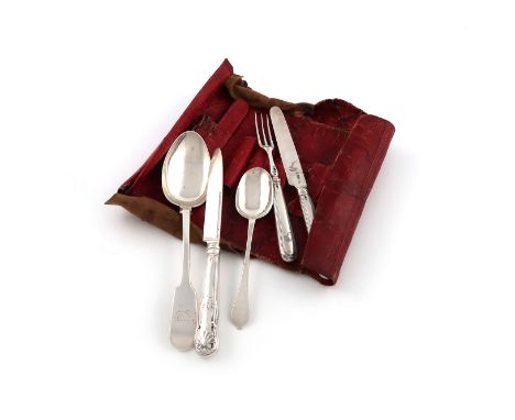 A mixed lot of silver flatware, comprising: a travelling fork and knife, by William Abdy, London 1800, screw-off reeded handl