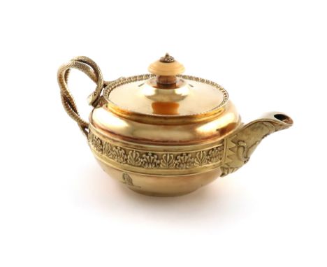 Please ote: the cove is 1808 not 1806λA small George III silver-gilt teapot, possibly for saffron,by John Emes, London 1806, 