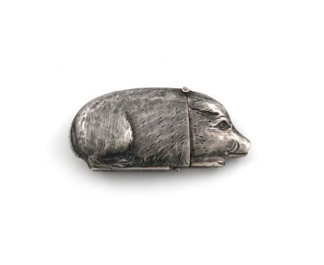 A late-Victorian novelty silver boar vesta case, by Stokes &amp; Ireland, Birmingham 1883, modelled as a recumbent boar, hing