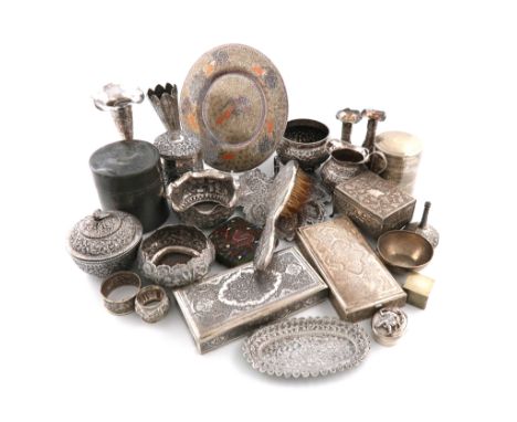 A mixed lot of silver and metalware, comprising Indian items: a bowl and cover, chased foliate scroll decoration, the cover w