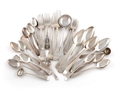 A collection of Newcastle silver flatware, various patterns, dates and makers, comprising: a pair of sauce ladles, by Langlan