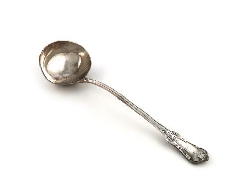 A Victorian silver Tudor pattern soup ladle, by George Adams, London 1851, oval bowl, the terminal with a crest, approx. weig