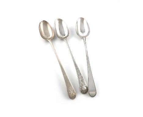 A collection of three George III silver basting spoons, comprising: a Beaded pattern one, by George Smith, London 1781, an Ol