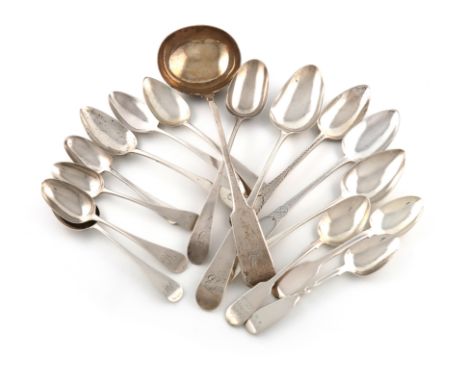 A collection of antique Exeter silver, various patterns, dates and makers, comprising: a soup ladle, by William Welch, 1818, 