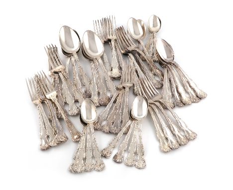 A American silver part-canteen for twelve, by Dominick and Haff, New York, circa 1920, with foliate scroll borders and shell 