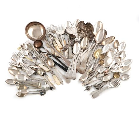 λA mixed lot of flatware, comprising silver items: a George III Old English pattern basting spoon, by Thomas Northcote, Londo