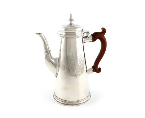 A George II silver coffee pot, by Thomas Farren, London 1730, tapering circular form, scroll handle, domed hinged cover with 