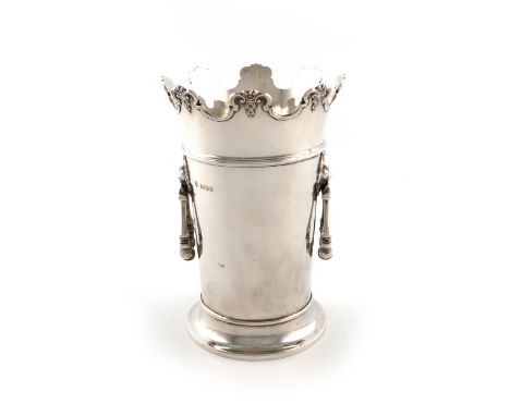 A silver two-handled vase / bottle holder, by Hawksworth, Eyre and Company, Sheffield 1930, slight tapering circular form, li