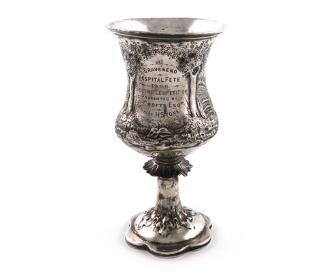 A Victorian presentation silver shooting goblet, probably by Augustus George Piesseby, London 1861, campana shaped bowl, embo