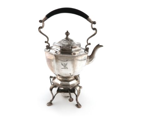 A silver kettle on stand, by Thomas Bradbury and Sons, London 1916, octagonal form, central carrying handle, raised cover wit