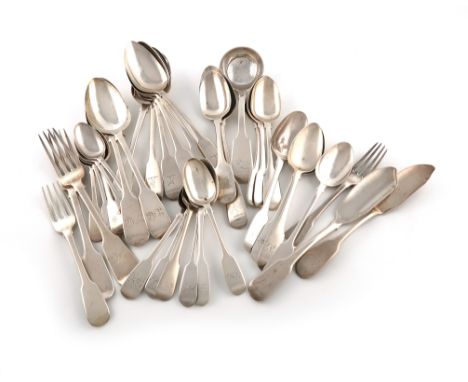 A collection of antique silver Fiddle pattern flatware, various dates and makers, comprising: nine tablespoons, two table for