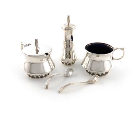 By R. E. Stone, a three-piece modern silver condiment set, London 1956/57, the mustard also signed J. Calvert, Garrard and Co