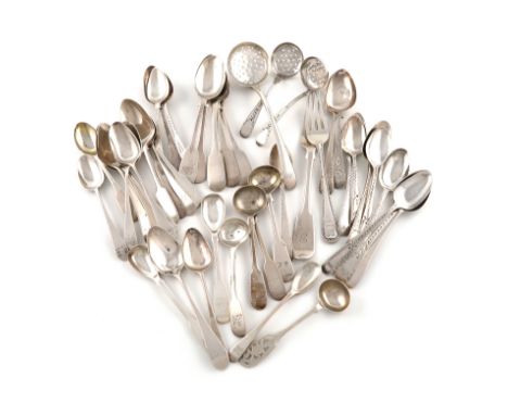 A collection of antique Exeter silver flatware, various patterns, dates and makers, comprising: a pair of George III sugar si