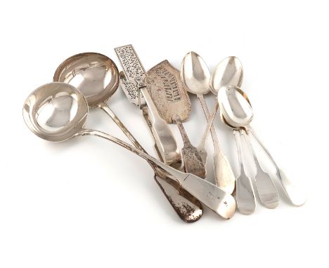 A collection of silver Fiddle pattern flatware, various dates and makers, comprising: a pair of William IV asparagus tongs, L