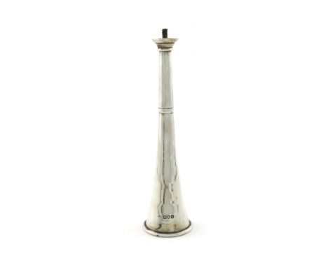 An Edwardian novelty silver table cigar lighter, by Joseph Braham, London 1903, modelled as a hunting horn, height 18.8cm.