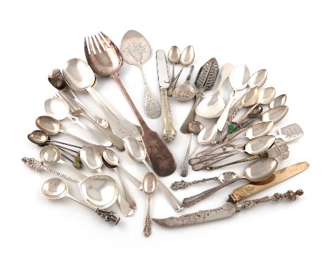 A mixed lot of flatware, comprising silver items, a Trefid spoon, a Dog-nose spoon, two Apostle spoon, a jam spoon, and other