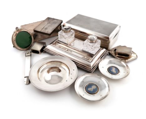 A mixed lot of silver items, various dates and makers, comprising: an inkstand, by R E Porter, Birmingham 1970, rectangular f