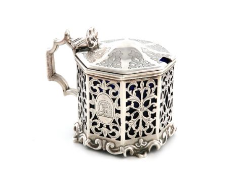 A Victorian silver mustard pot, by John Angell II &amp; George Angell, London 1847, octagonal form, pierced and engraved with