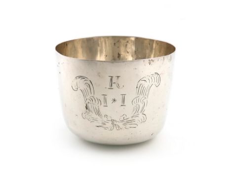 A late 17th century silver tumbler cup, unmarked, circa 1690, tapering circular form, the front with scratch initials 'K' ove