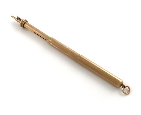 A 9 carat gold propelling pen and pencil, by S. Mordan and Co., plain cylindrical form, three section propelling movement wit