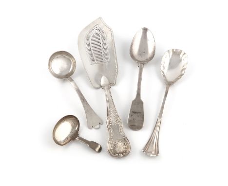 A mixed lot of silver flatware, various dates and makers, comprising: a George IV Kings pattern fish slice, by William Chawne