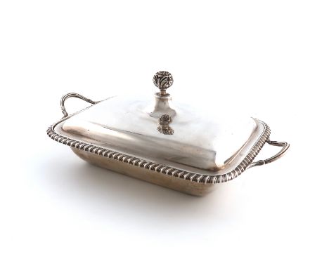 An Edwardian silver two-handled entrée dish and cover, by Heath and Middleton, London 1903, rectangular form, gadroon border,