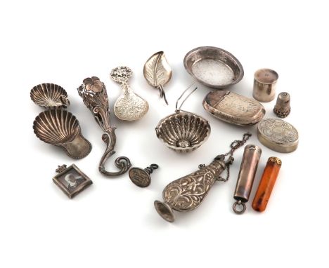 A mixed lot of small silver items, various dates and makers, comprising: a George III leaf shaped caddy spoon, by Joseph Tayl