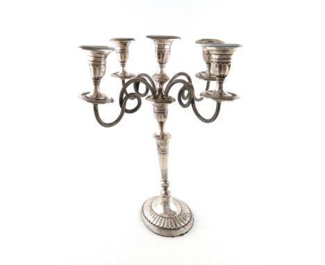 A late-Victorian silver five-light candelabrum, by Elkington and Co., London 1900, tapering oval column, fluted and ribbon-ti